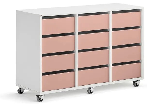 Úložná skriňa CASPER, 12 zásuviek, biela, tmavoružová
