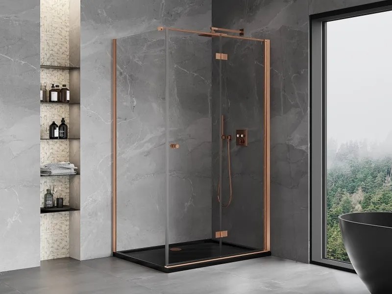 Mexen Mist-F T, 1-krídlový skladací sprchový kút pravý 80 x 85 cm, číre sklo, medený matný profil, 8A6T-080-085-65-00-P