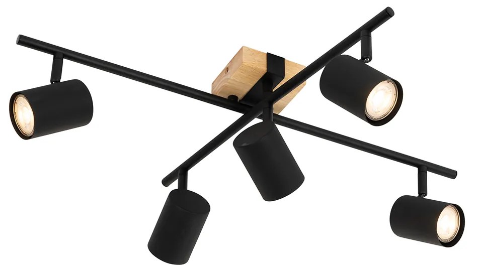 Stropné svietidlo čierne s drevom 5-žiarovkové nastaviteľné obdĺžnikové - Jeana
