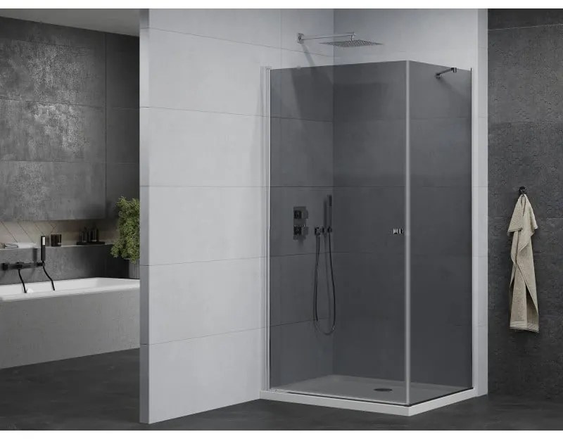 Mexen Pretoria, sprchovací kút 70 (dvere) x 90 (stena) cm, 6mm šedé sklo, chrómový profil + biela sprchová vanička, 852-070-090-01-40-4010