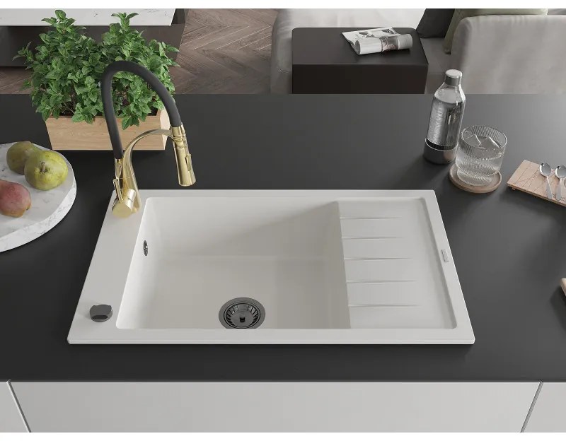 Mexen Elias, 1-komorový granitový drez 795x480x200 mm a drezová batéria Aster, biela, 6511-20-73450-57-B