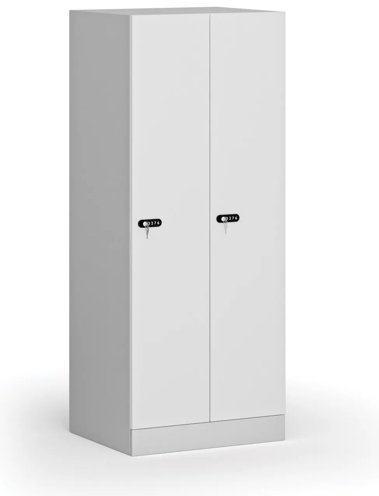 Šatníková skrinka znížená, 2 oddiely, 1500 x 600 x 500 mm, demont, mechanický kódový zámok, laminované dvere, biela