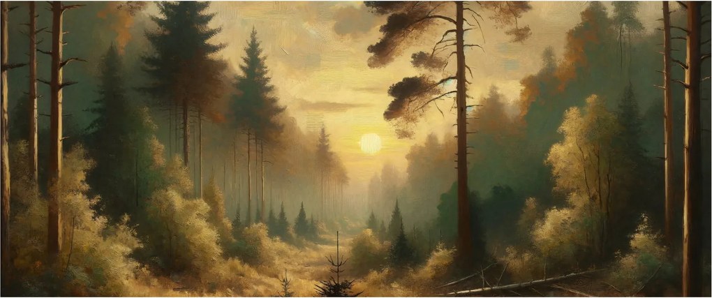 Obraz - Slnko žiariace lesom (120x50 cm)