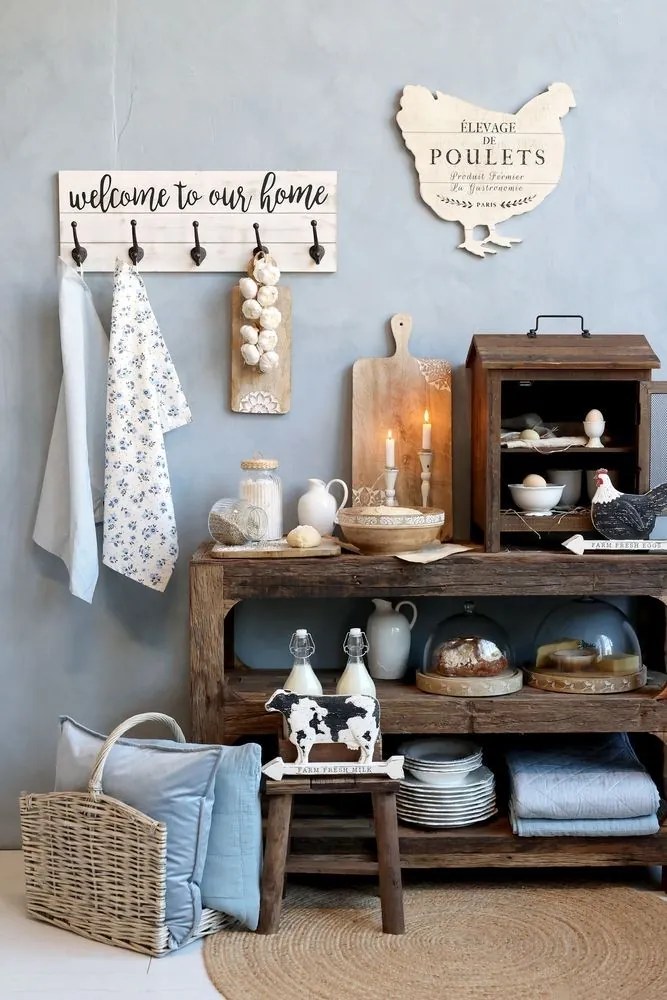 Krémový antik nástenný vešiak s háčikmi Welcome - 70*8*25 cm