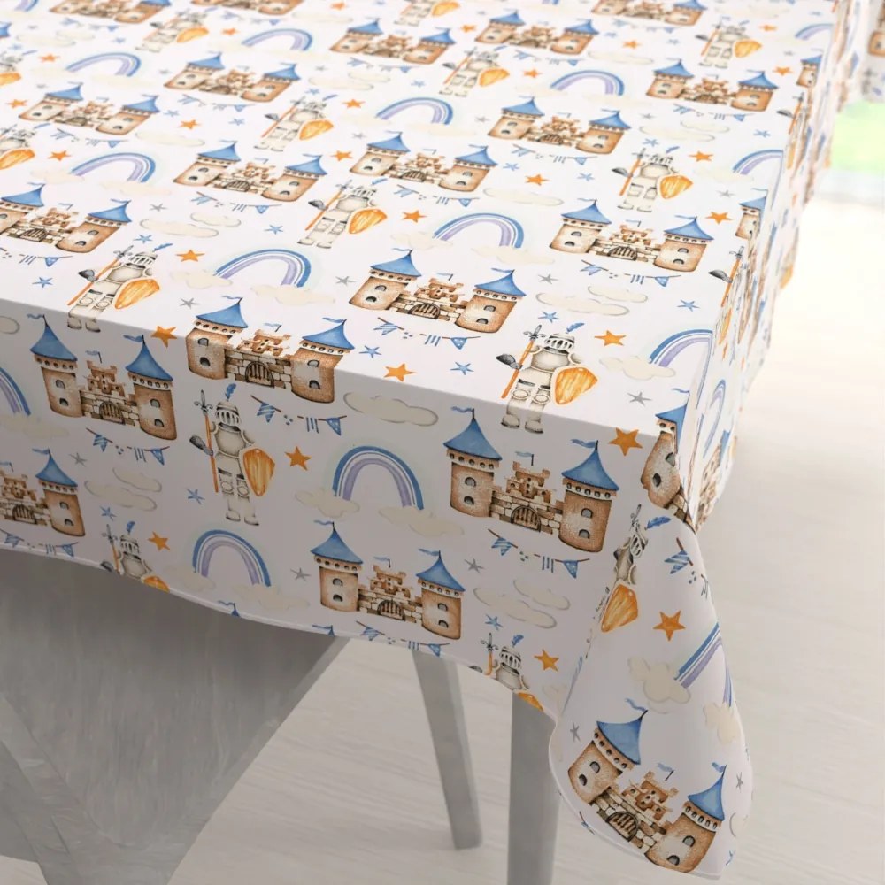 Biante Detský bavlnený obdĺžnikový obrus Sandra SA-666 Modro-hnedé hrady a rytieri na bielom 140x220 cm