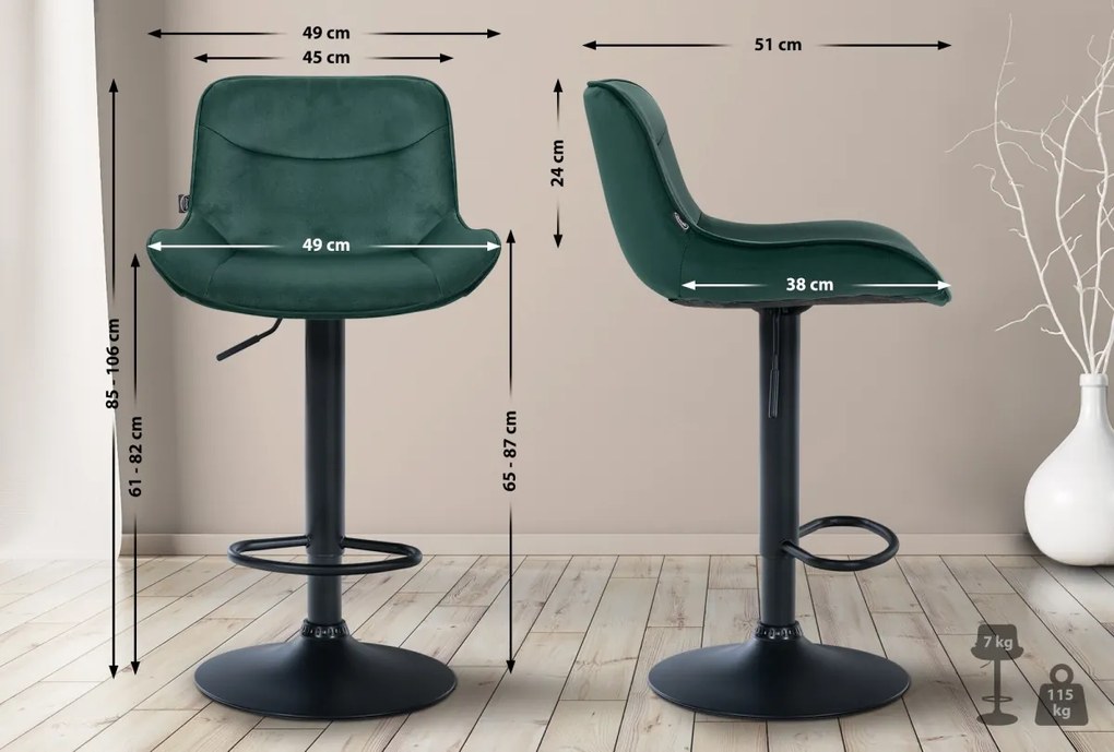2x Barová stolička Vonore - zamat, čierny rám - Zelená