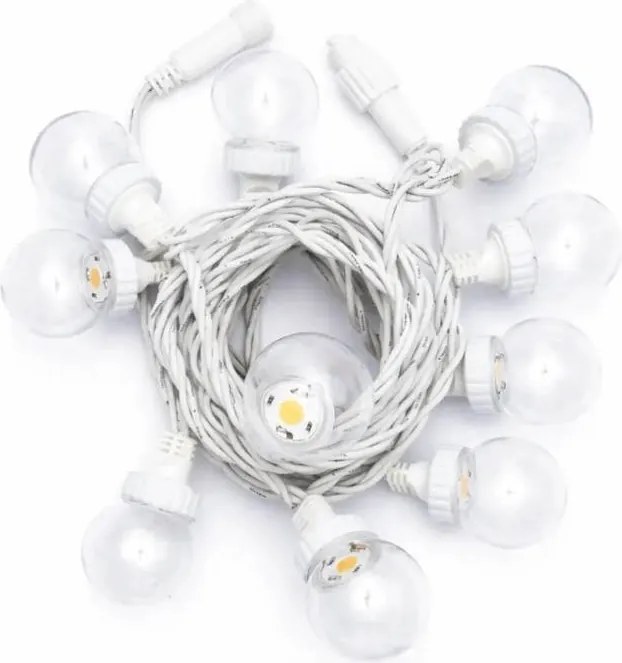 DECOLED LED párty svetlo 5 m vonkajšie, 10 teplých bielych LED diód, priehľadné žiarovky, biely kábel, IP44, Easy Fix, možnosť pripojenia
