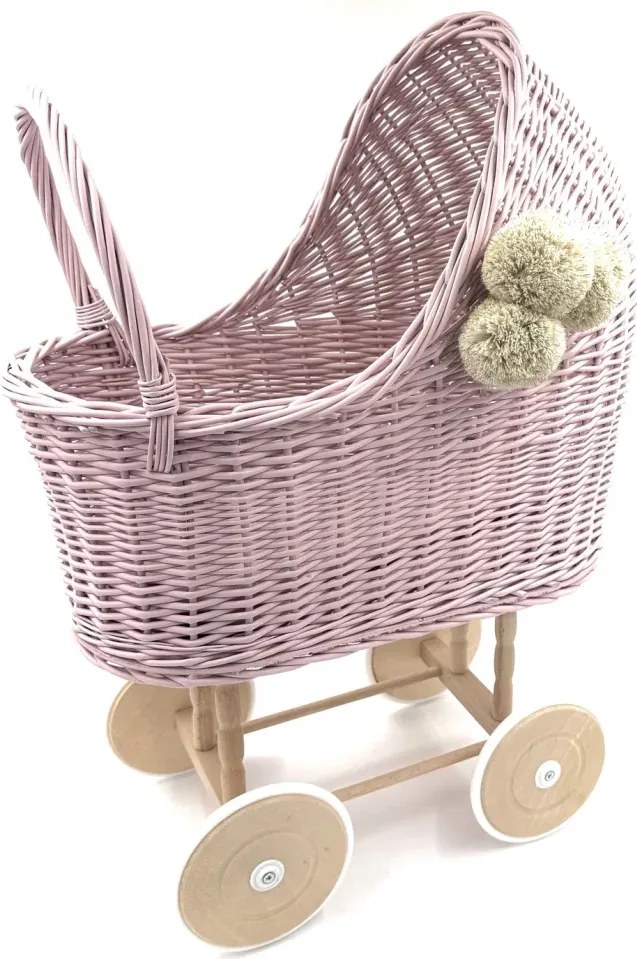 Prútený vysoký kočík pre bábiky ružová