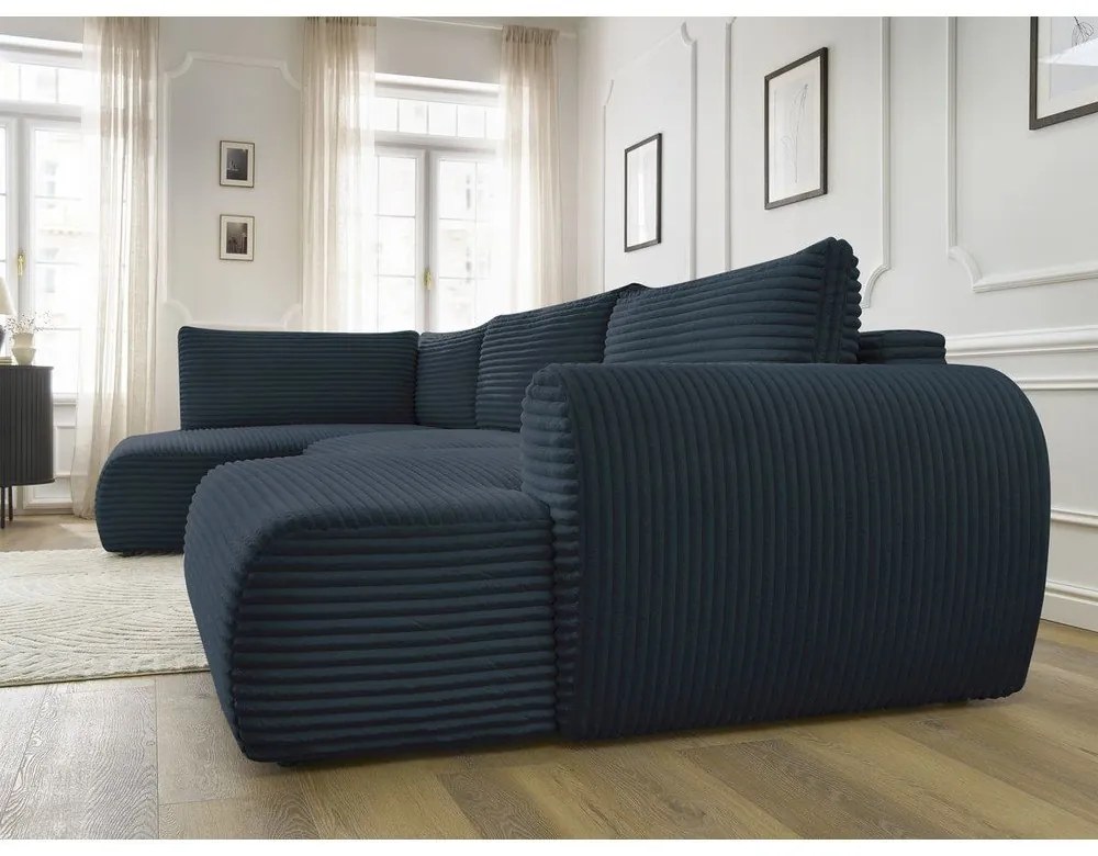 Tmavomodrá menčestrová rozkladacia/s úložným priestorom rohová pohovka (ľavý roh/do tvaru "U") Lucien – Bobochic Paris