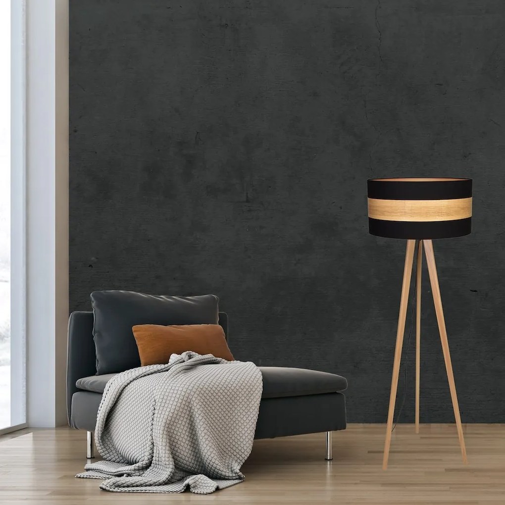 Stojacia lampa Terra, 1x drevené/čierne textilné tienidlo, drevo