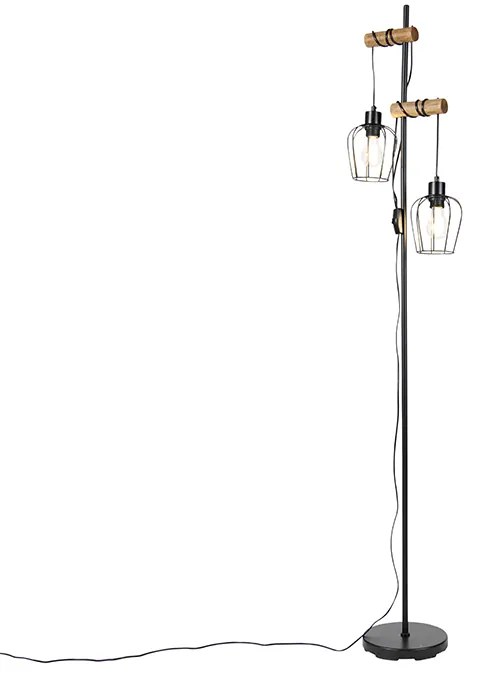 Rustikálna stojaca lampa čierna s drevom 2-svetlo - Stronk