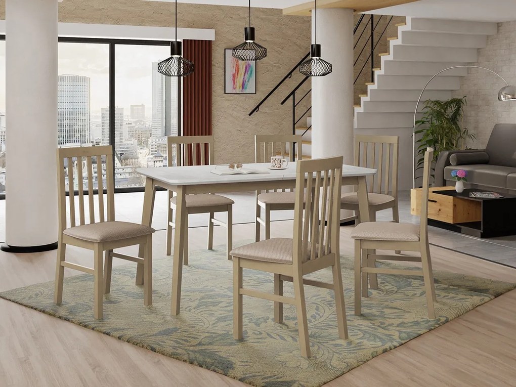 Rozkladací stôl so 6 stoličkami AL16, Morenie: biela, Poťahové látky: 25x - Paros 2, Farby nožičiek: čierna