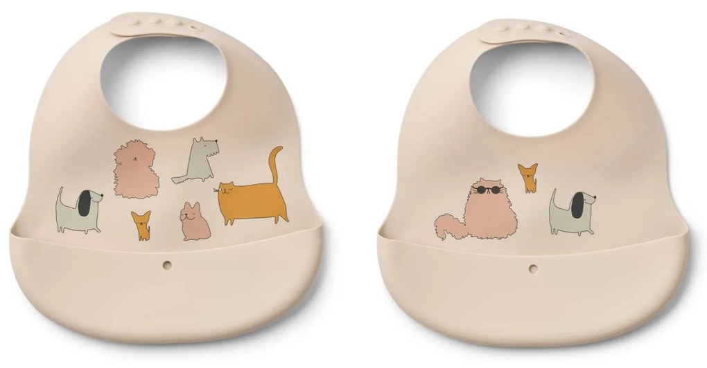 LIEWOOD Silikónový podbradník s vreckom Ember Cats and Dogs – set 2 ks