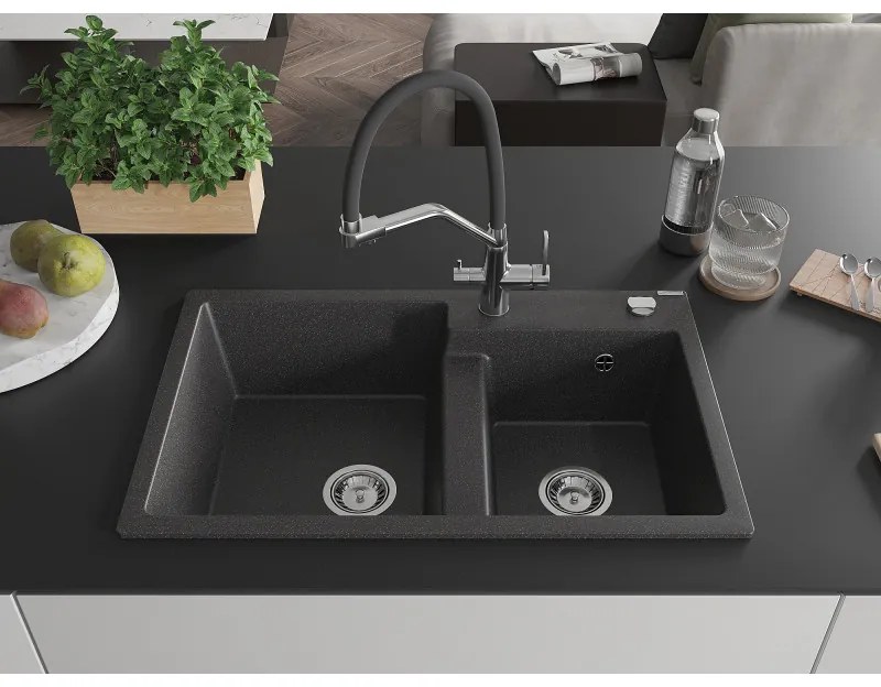Mexen Tomas, 2-komorový granitový drez 800x500x190 mm a kuchynská batéria Duo, čierna škvrnitá, 6516-76-671701-07