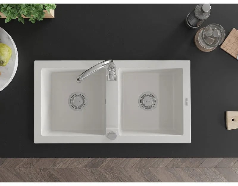 Mexen Mario, 2-komorový granitový drez 82x44 cm s kuchynskou batériou Telma, biela, 6504-20-670200-00