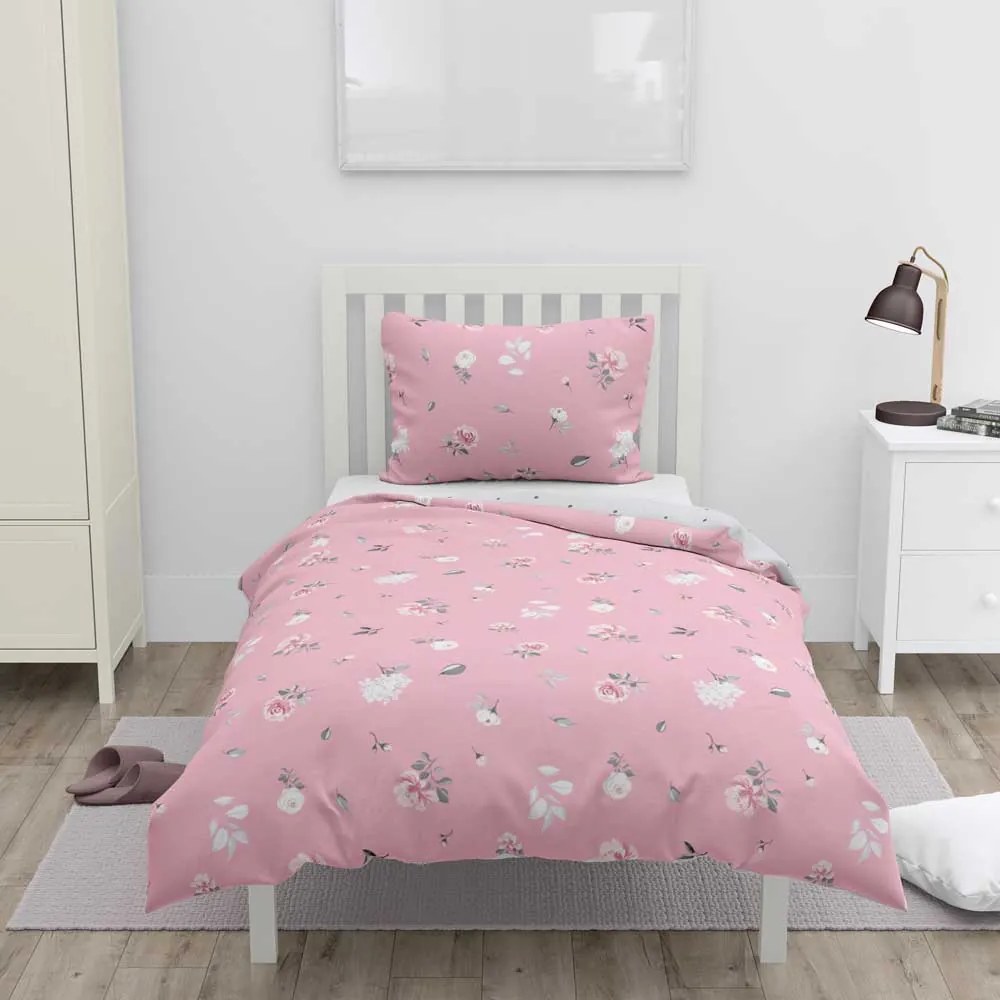 Home Elements Bavlnené obliečky na jednolôžko, obojstranné, Kvetiny ružové a svetlo šedé