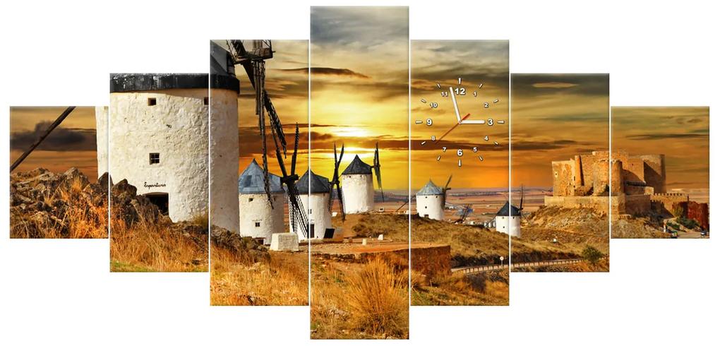 Gario Obraz s hodinami Veterné mlyny v Španielsku - 7 dielny Rozmery: 210 x 100 cm