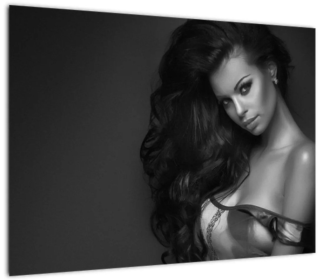 Sklenený obraz - Čiernobiely portrét zvodnej ženy (70x50 cm)