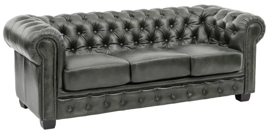 furniture-nabytek.cz - Masívna trojmístna pohovka Chesterfield z pravej kože, zelená – 200×90×72 cm