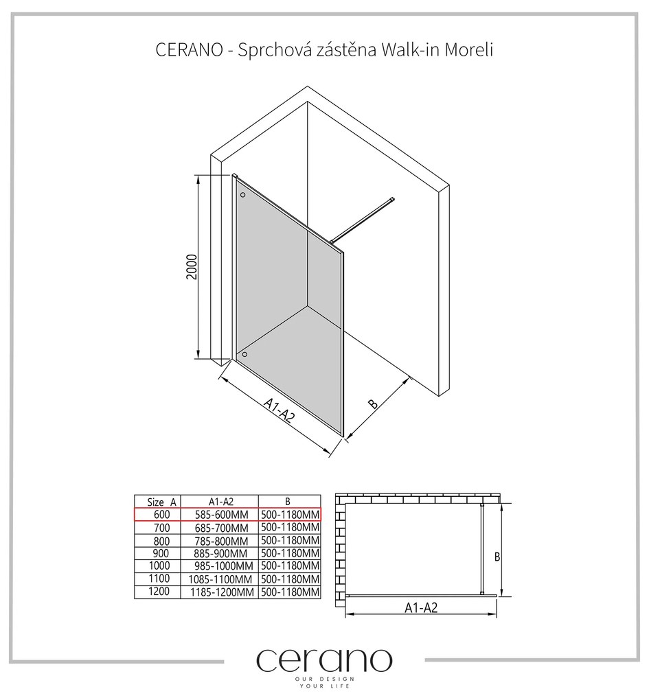 Cerano Moreli, sprchová zástena 60x200 cm, 8mm číre sklo, čierny profil, CER-CER-417596