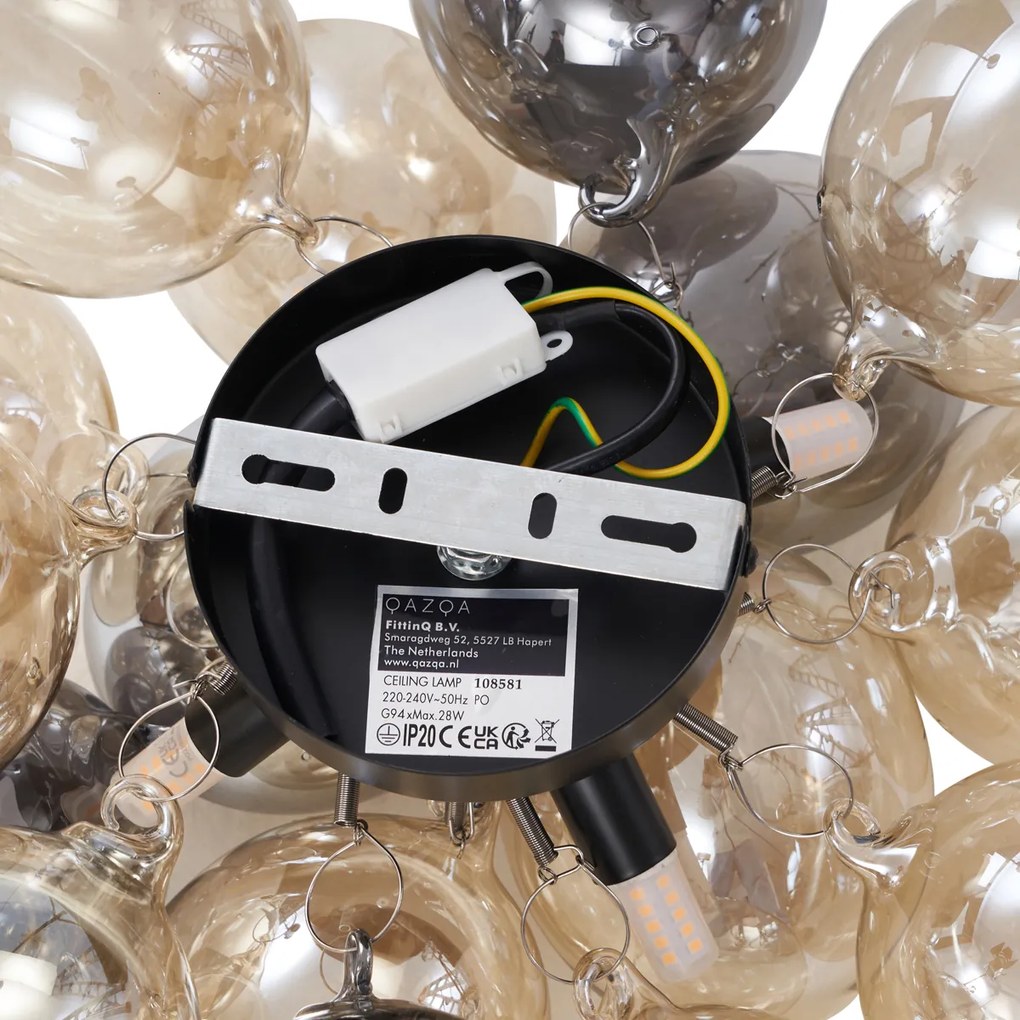 Dizajnové stropné svietidlo čierne s jantárovým a dymovým sklom 4 svetlá - Uvas