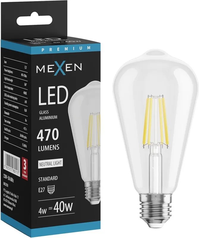 Mexen Vintis, LED filamentová žiarovka E27, ST64, 4 W, neutrálna biela 4000K, číra, L152-E27-0440-00