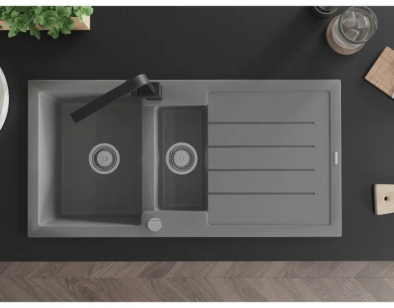 Mexen Andres, granitový drez 1000x500x200 mm, 1,5-komorový, šedá s chrómovým sifónom a čierna drezová batéria Rita, 6515-71-670300-70
