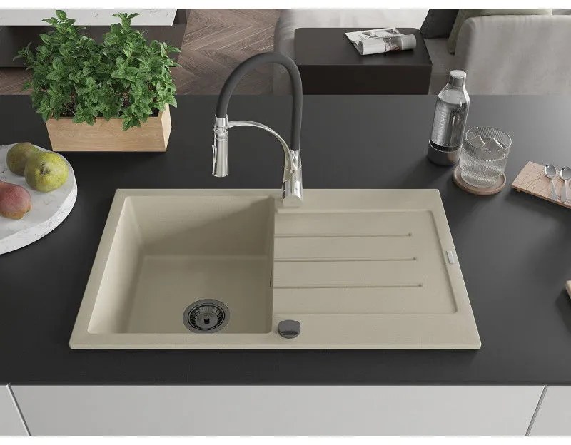 Mexen Bruno, 1-komorový granitový drez 795x495x200 mm a drezová batéria Aster, béžová, 6513-69-73450-07-B