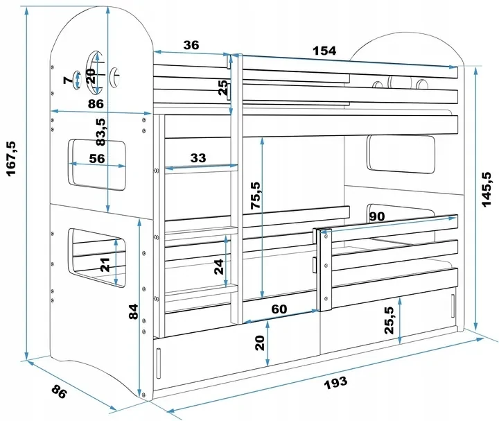 Interbeds Poschodová posteľ DOMINIK 163cmx86cm - sivo modrá
