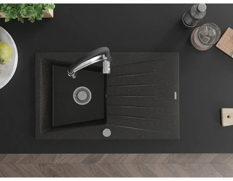 Mexen Cesar, 1-komorový granitový drez 775x470x190 mm a drezová batéria Aster, čierna-zlatá metalíza, 6514-75-73450-07