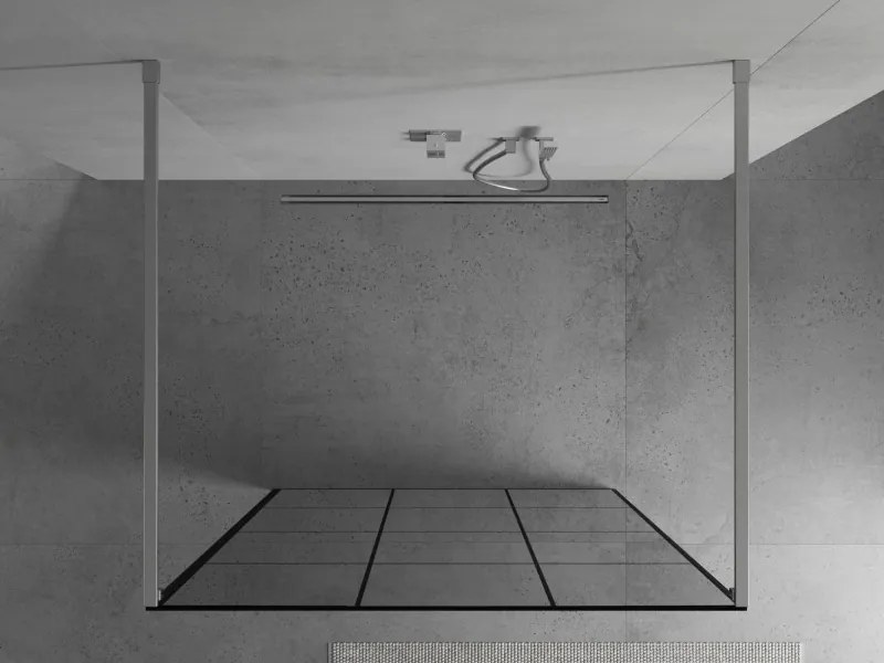 Mexen Kioto, priechodná sprchová zástena 120 x 200 cm, 8mm sklo číre/čierny vzor, 2x chrómová stabilizačná rozpera, 800-120-002-01-77
