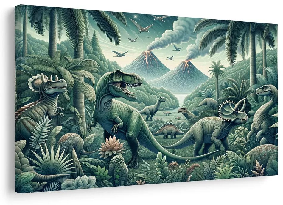 Obraz dinosaury v pralesnej krajine so sopkami