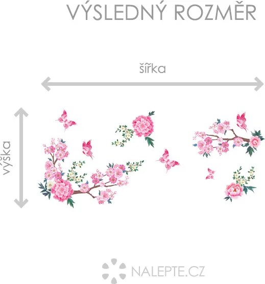 Rozkvitnutá čerešňa s motýlikmi textilní prelepiteľné nálepky na stenu hárok 47 x 32 cm