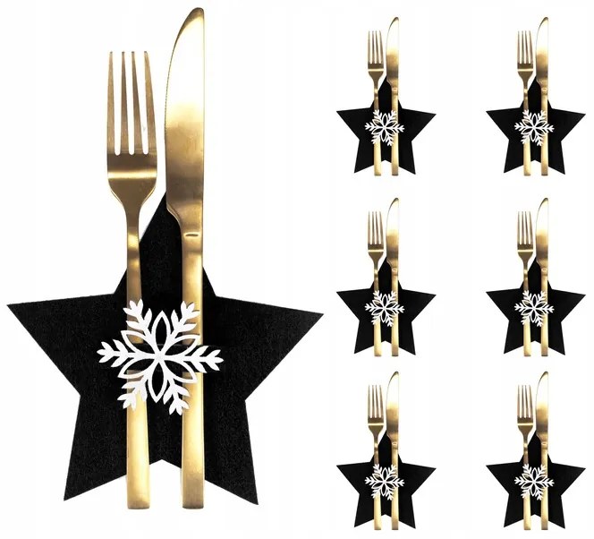 Vianočný obal na príbory - 6 ks - čierne - hviezdička a vločka