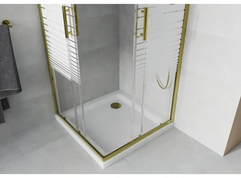 Mexen Rio, štvorcový sprchovací kút s posuvnými dverami 80(dvere) x 80(dvere) x 190 cm, 6mm číre sklo s pásikmi, zlatý profil + biela sprchová vanička SLIM, 860-080-080-50-20-4010G