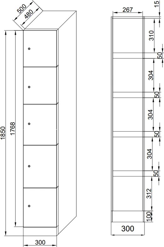 Šatníková skrinka S1 s úložnými boxmi, 5 boxov, 1850 x 300 x 500 mm, cylindrický zámok, modré dvere