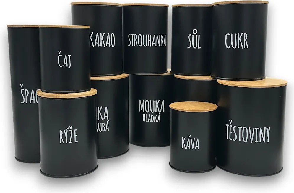 ORION Sada 12ks plechových dóz na potraviny, čierne s nápisom, s bambusovým vekom SADA