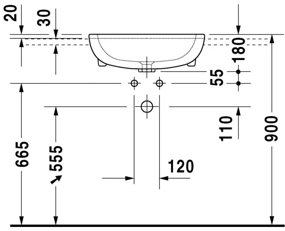 Duravit D-Code - Polozápustné umývadlo, 1 otvor pre armatúru prepichnutý, 55 x 44 mm, biele 0339550000
