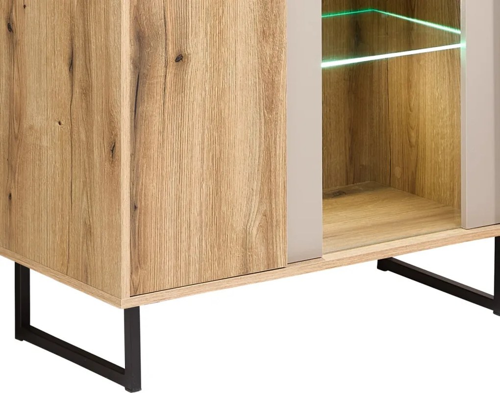 Vitrínová skrinka Cube, dub evoke / pieskovo šedá, s osvetlením