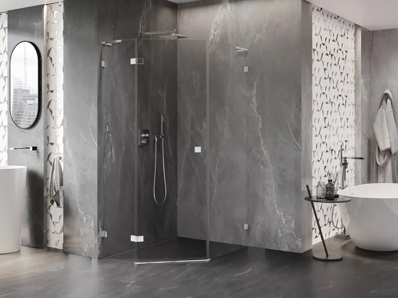 Mexen Lunar, L päťuholníkový sprchový kút naklápací doľava 90 x 100 cm, 8mm číre sklo, chrómový profil, 831L-090L-100P-01-00-L