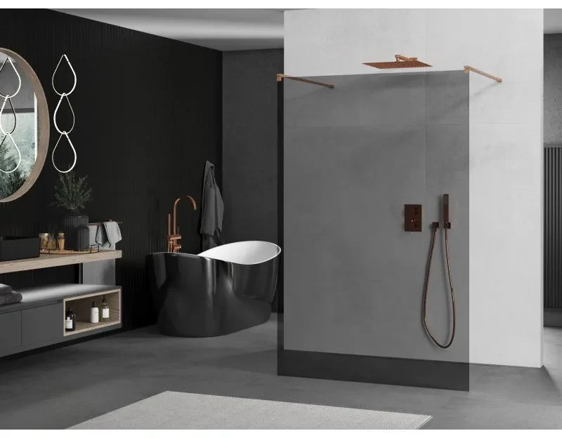 Mexen Kioto, sprchová zástena Walk-In 130 x 200 cm, 8mm šedé sklo, medený matný profil, 800-130-002-65-40