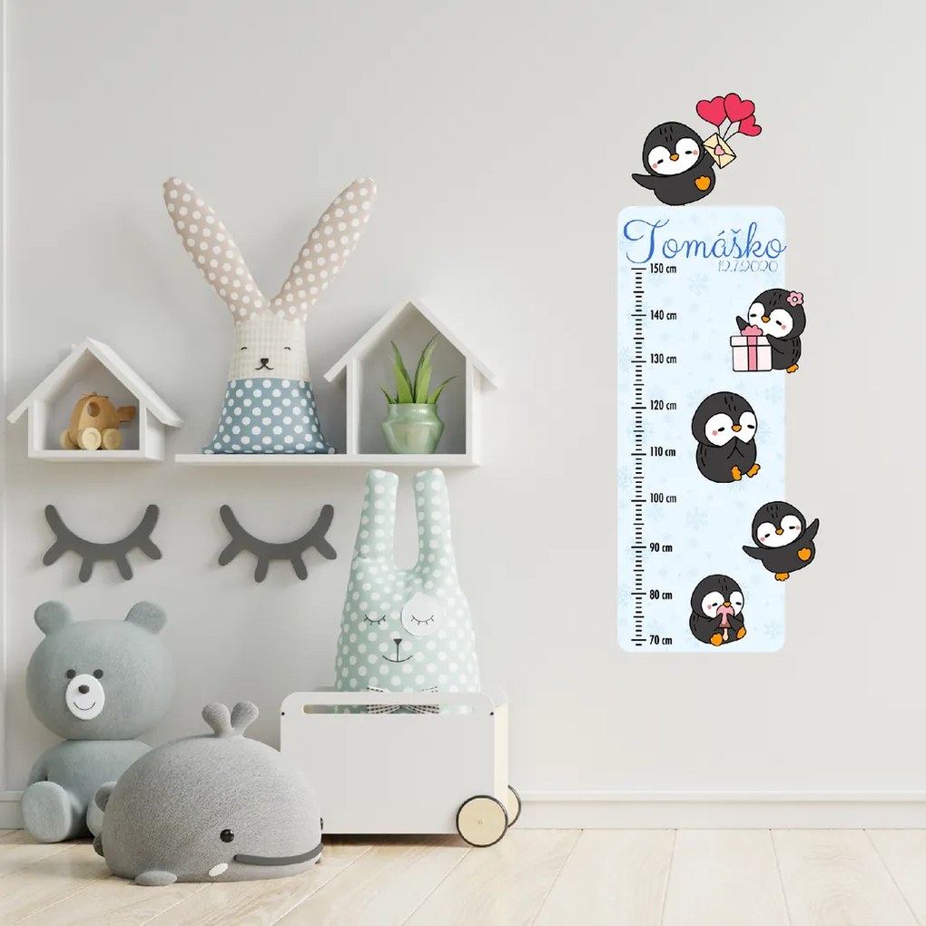 50x120cm Detský meter s menom - Tučniaky 2 - textilná nálepka na stenu