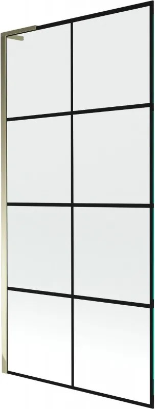 Mexen Next L, 1-krídlová vaňová zástena 90 x 150 cm, 6mm číre sklo-čierny vzor, zlatý lesklý profil, 895-090-000-03-77-50