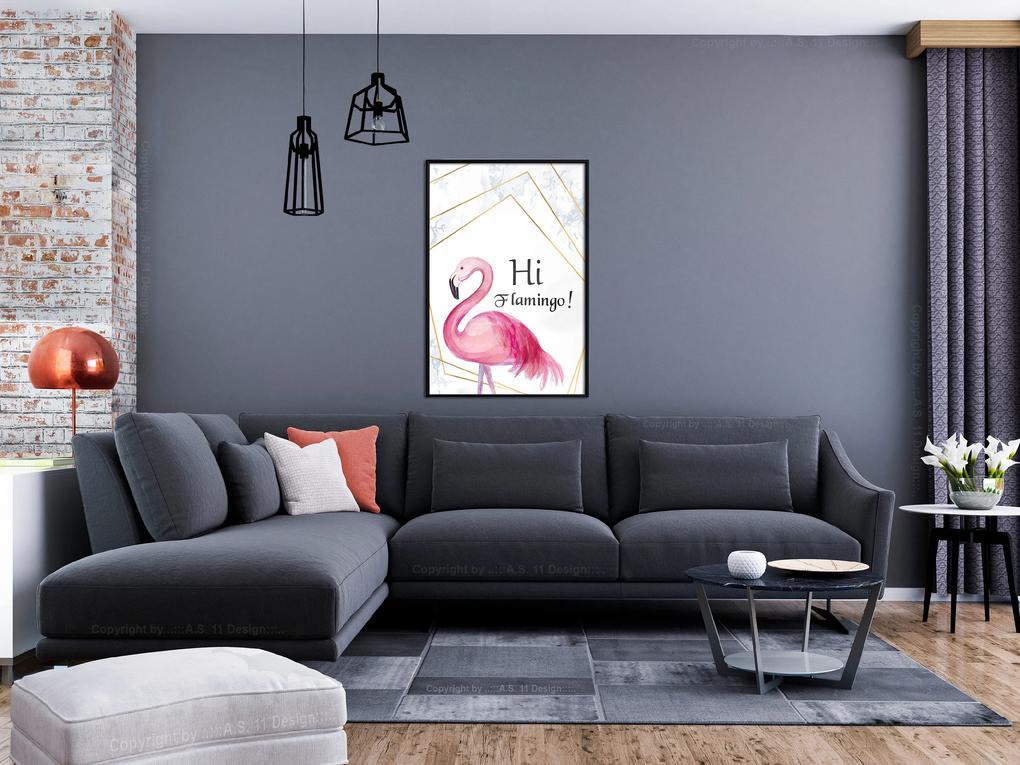 Artgeist Plagát - Hi Flamingo! [Poster] Veľkosť: 30x45, Verzia: Zlatý rám s passe-partout