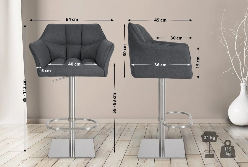 Barová stolička Damaso E - filc, nerez rám - Sivá