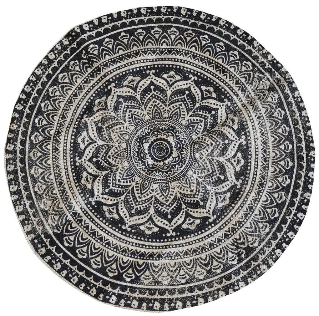 Prírodne - čierny okrúhly jutový koberec s ornamentom Ornié - Ø 160 cm
