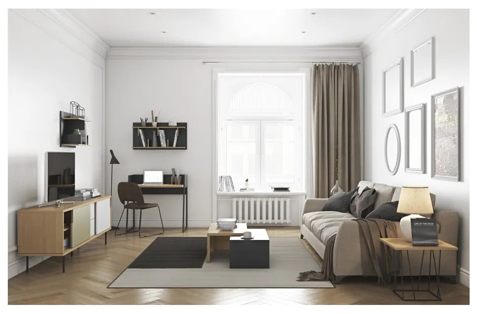 Čierny pracovný stôl s detailmi v dekore dubového dreva TemaHome Volga