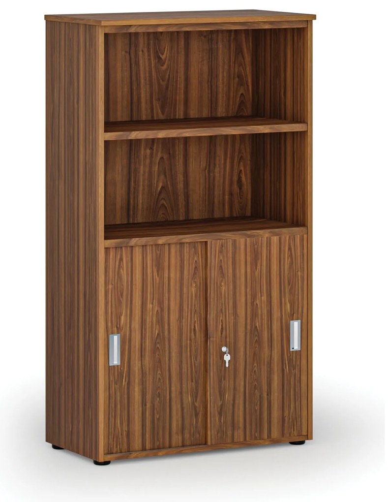 Kombinovaná kancelárska skriňa PRIMO WOOD, zasúvacie dvere na 2 poschodia, 800 x 420 x 1434 mm, orech