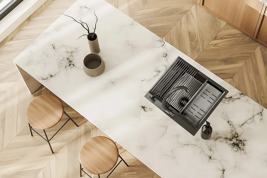 Laveo Malawi, 1-komorový nerezový drez s príslušenstvom 580x500x200 mm, grafitová, LAV-SLMA510D