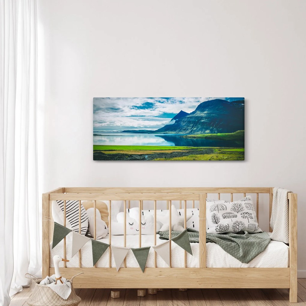 Obraz jazera s horami (120x50 cm)